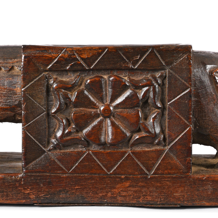 Floral Carving Detail From Antique Carved Teak Elephant Juicer From Banswara | Indigo Antiques