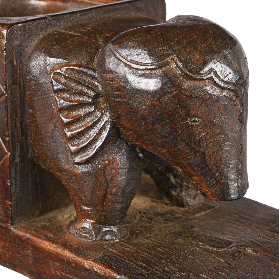Elephant Detail From Antique Carved Teak Elephant Juicer From Banswara | Indigo Antiques