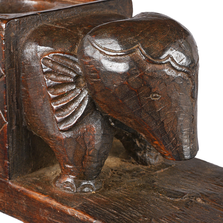 Elephant Detail From Antique Carved Teak Elephant Juicer From Banswara | Indigo Antiques