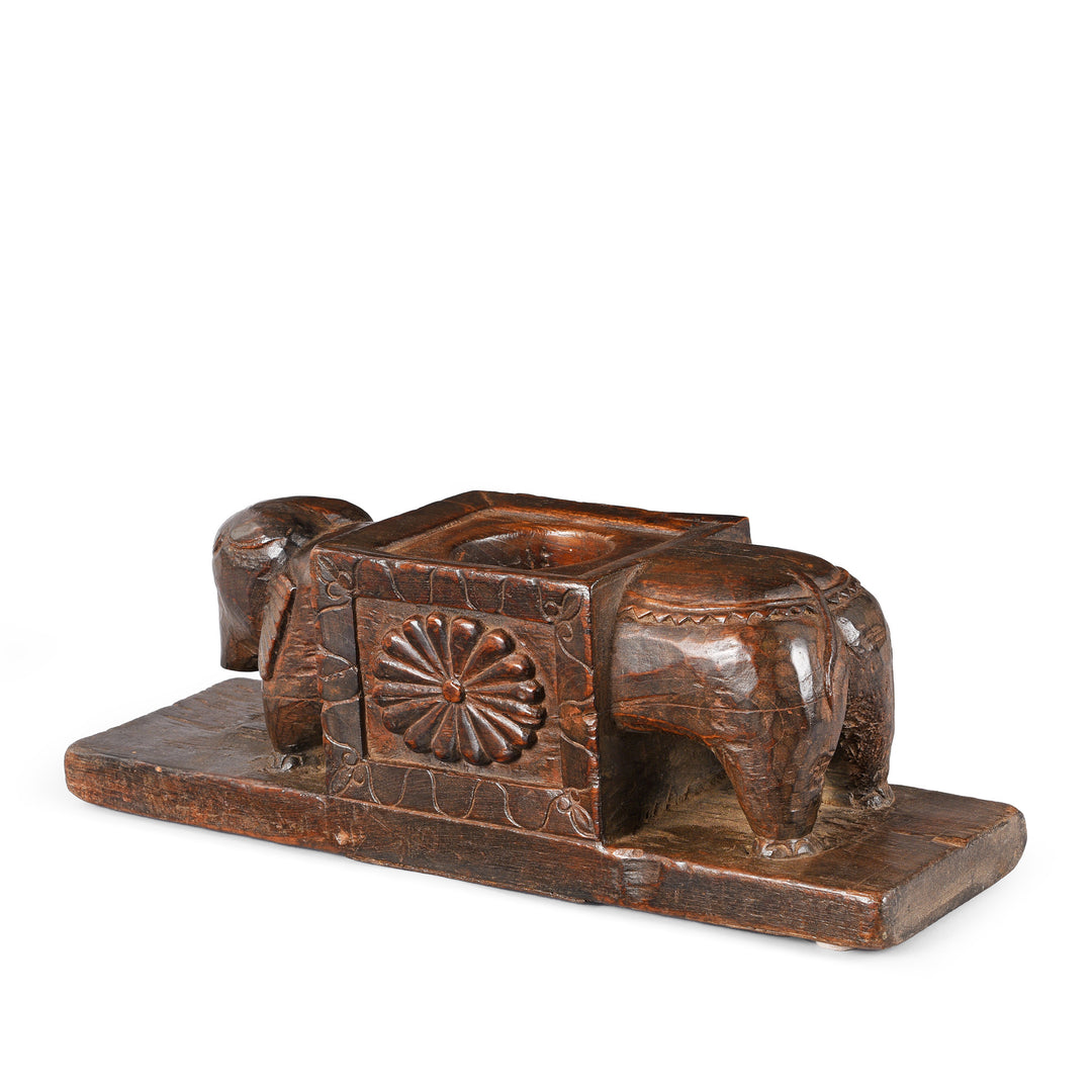 Rear View Of Antique Carved Teak Elephant Juicer From Banswara | Indigo Antiques