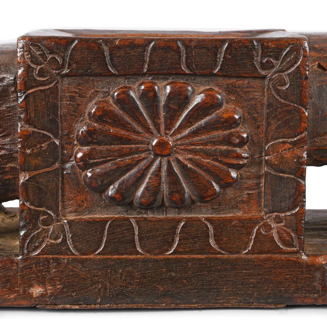 Floral Carving Detail Of Antique Carved Teak Elephant Juicer From Banswara | Indigo Antiques