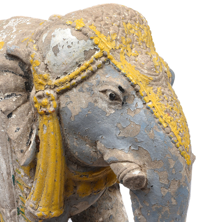 Face Detail From Option 1 Antique Painted Stone Elephants From Kutch - Late 19th Century | Indigo Antiques