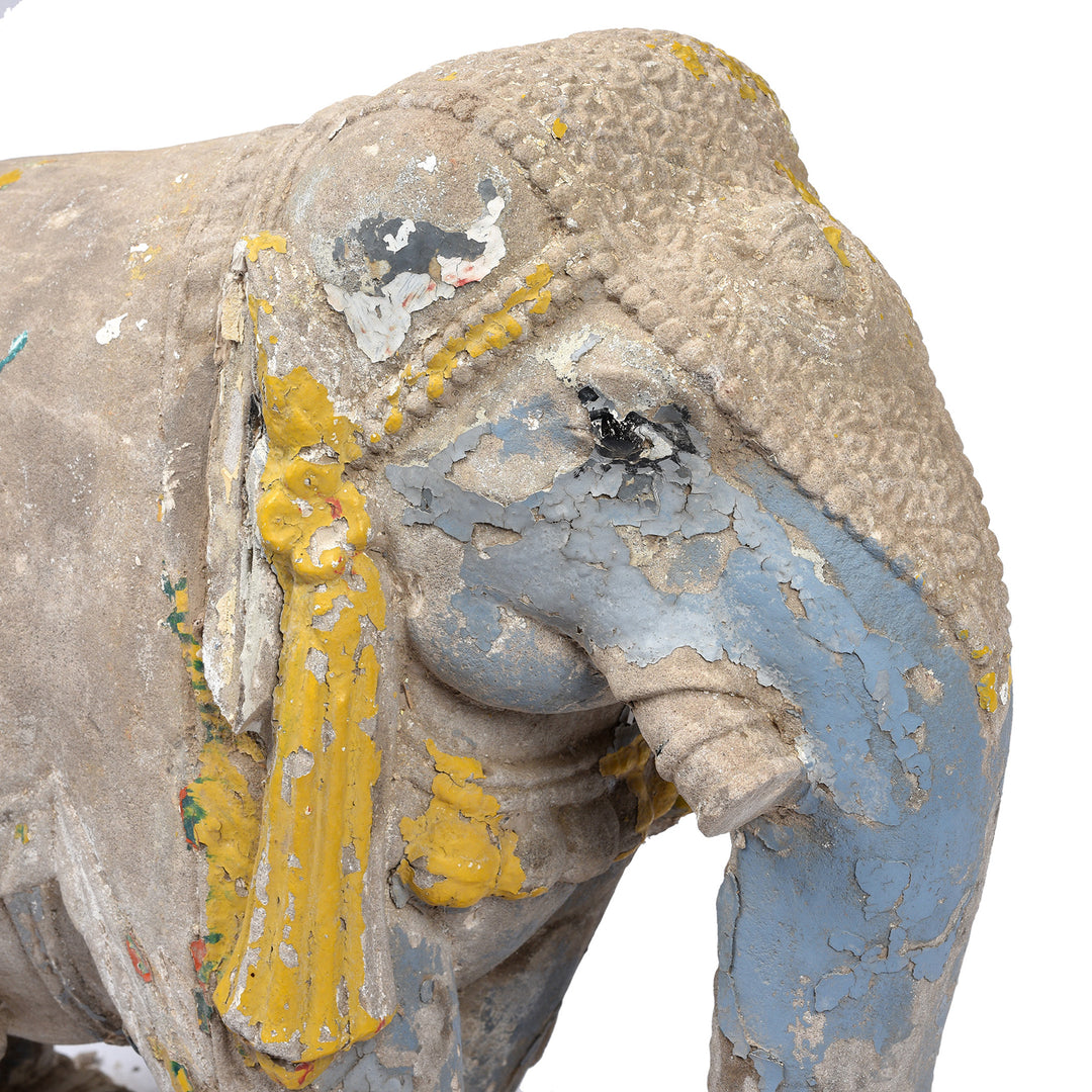 Face Detail From Option 2 Antique Painted Stone Elephants From Kutch - Late 19th Century | Indigo Antiques