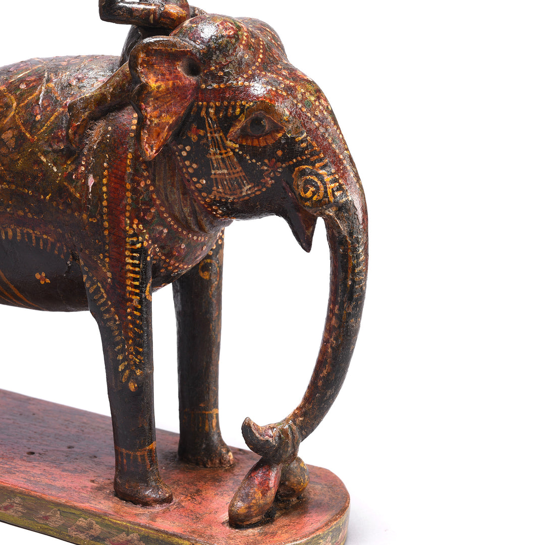 Face Detail From Antique Polychromed Elephant & Mahout Figure From Surat - 19th Century | Indigo Antiques