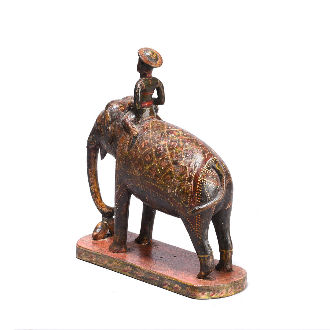 Angled View Of Antique Polychromed Elephant & Mahout Figure From Surat - 19th Century | Indigo Antiques
