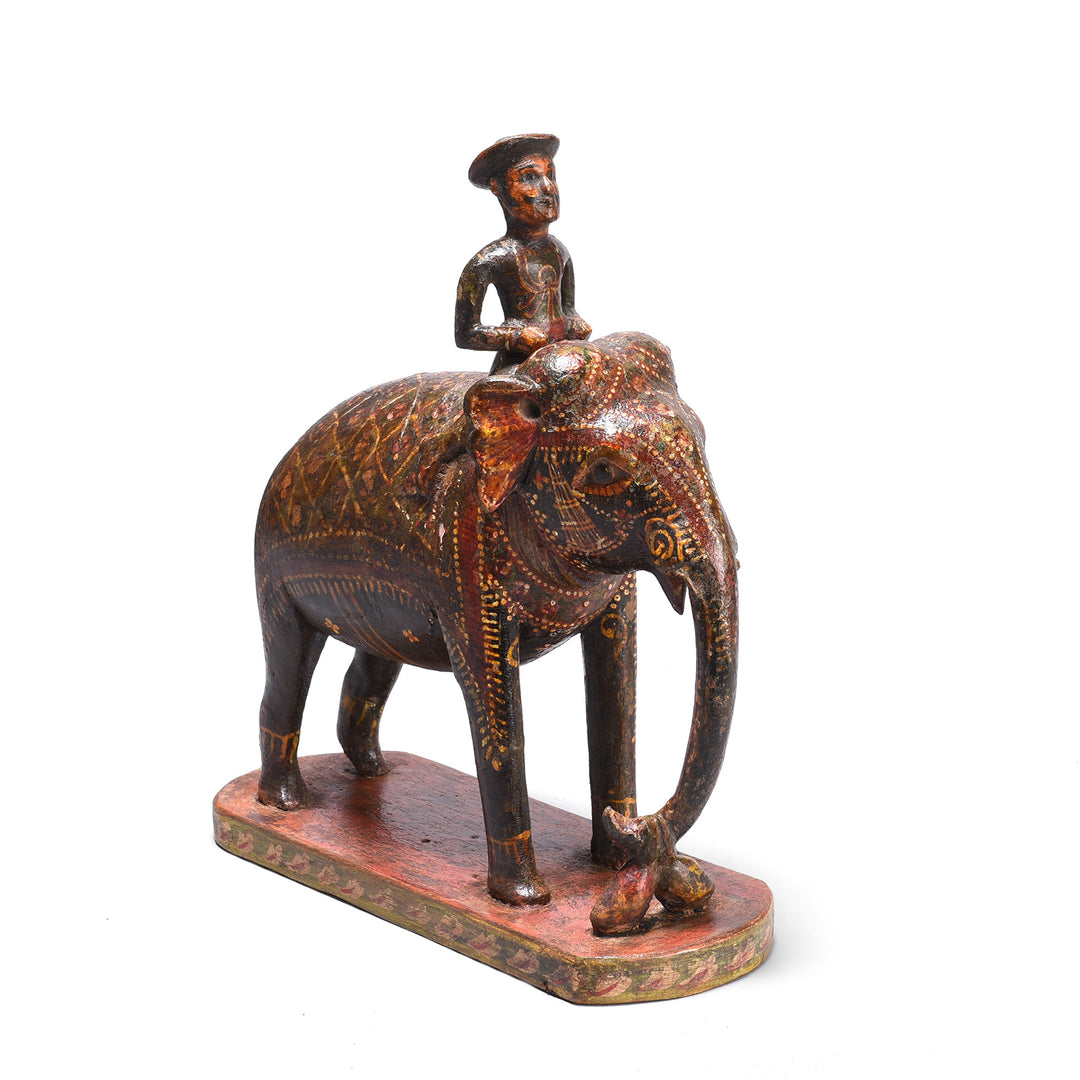 Angled View Of Antique Polychromed Elephant & Mahout Figure From Surat - 19th Century | Indigo Antiques