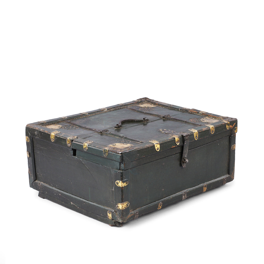 Angled View Of Antique Brass Bound Roheda Merchants Box From Bikaner  | Indigo Antiques