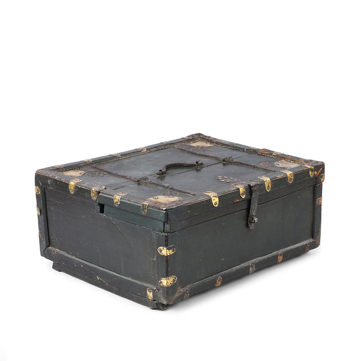 Angled View Of Antique Brass Bound Roheda Merchants Box From Bikaner  | Indigo Antiques