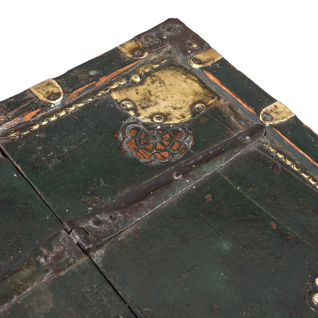 Detail Showing Decorative Brass On Antique Brass Bound Roheda Merchants Box From Bikaner  | Indigo Antiques
