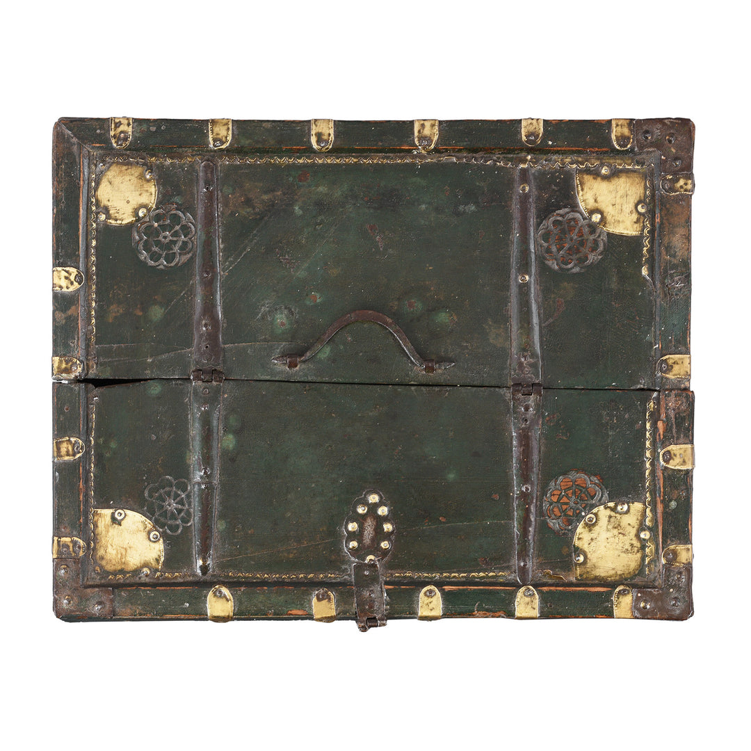 Top Down View Of Antique Brass Bound Roheda Merchants Box From Bikaner  | Indigo Antiques