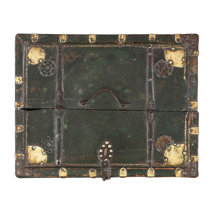 Top Down View Of Antique Brass Bound Roheda Merchants Box From Bikaner  | Indigo Antiques