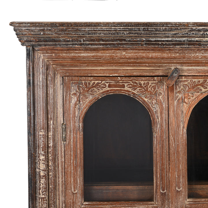 Corner Detail From Antique Teak Almirah Cabinet With Sunburst Panels | Indigo Antiques