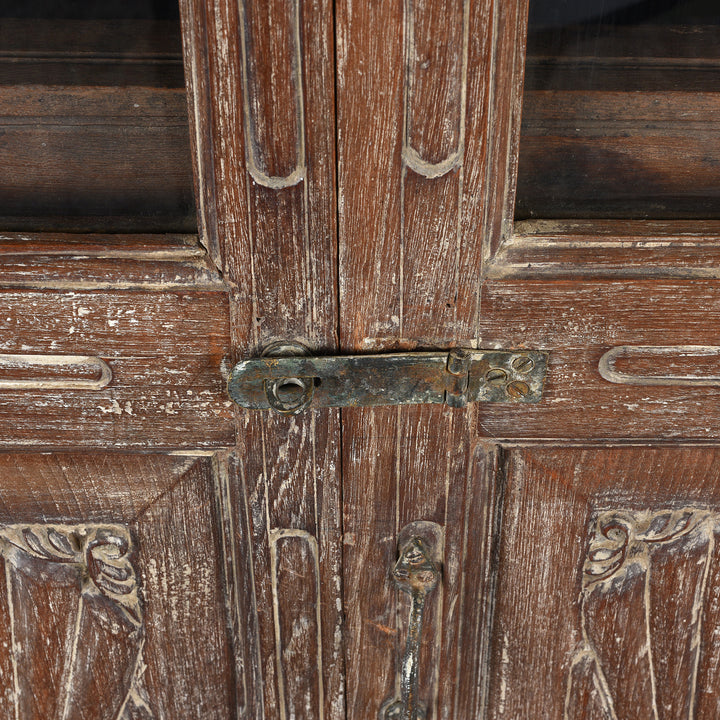 Latch Detail From Antique Teak Almirah Cabinet With Sunburst Panels | Indigo Antiques