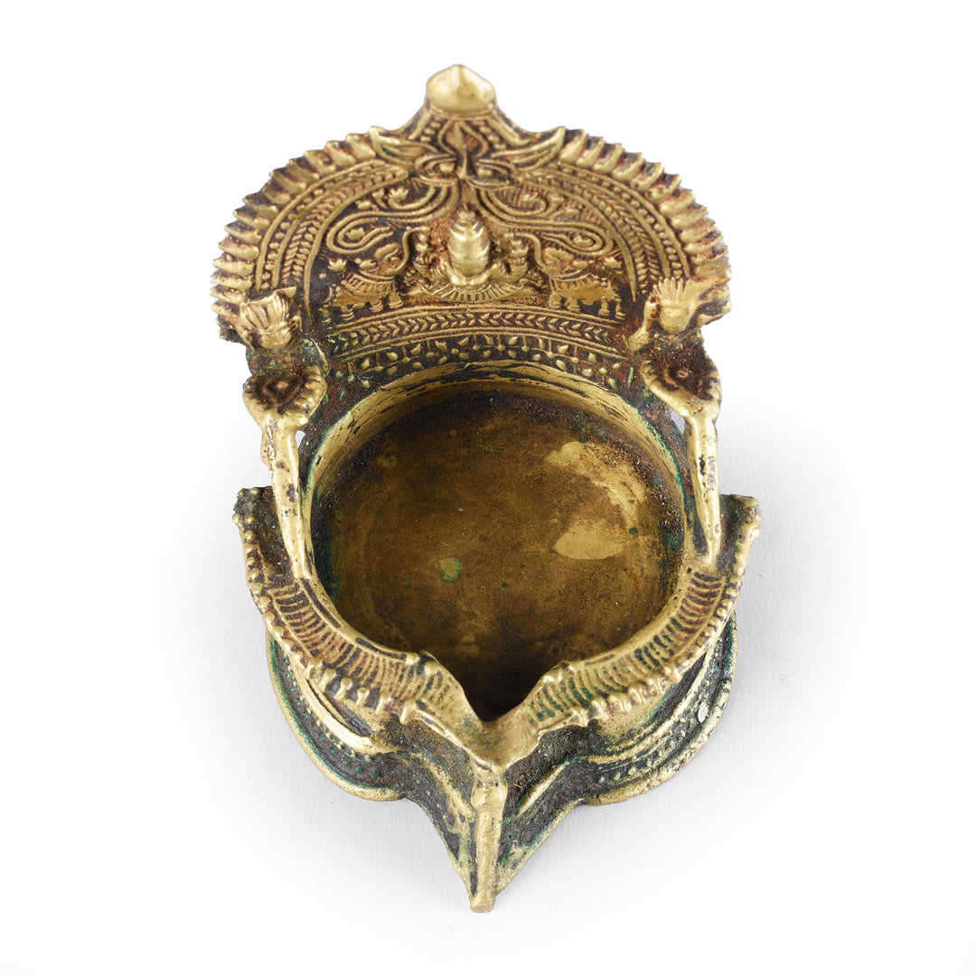 Top Down View Of Antique Bronze Deepa Lakshmi Lamp From Tamil Nadu | INDIGO ANTIQUES