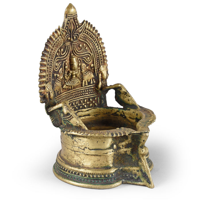 Angled View Of Antique Bronze Deepa Lakshmi Lamp From Tamil Nadu | INDIGO ANTIQUES