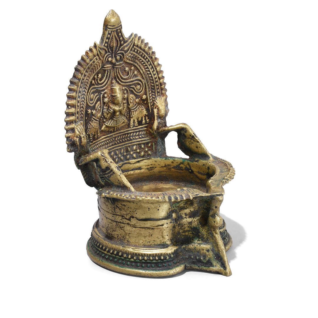 Angled View Of Antique Bronze Deepa Lakshmi Lamp From Tamil Nadu | INDIGO ANTIQUES