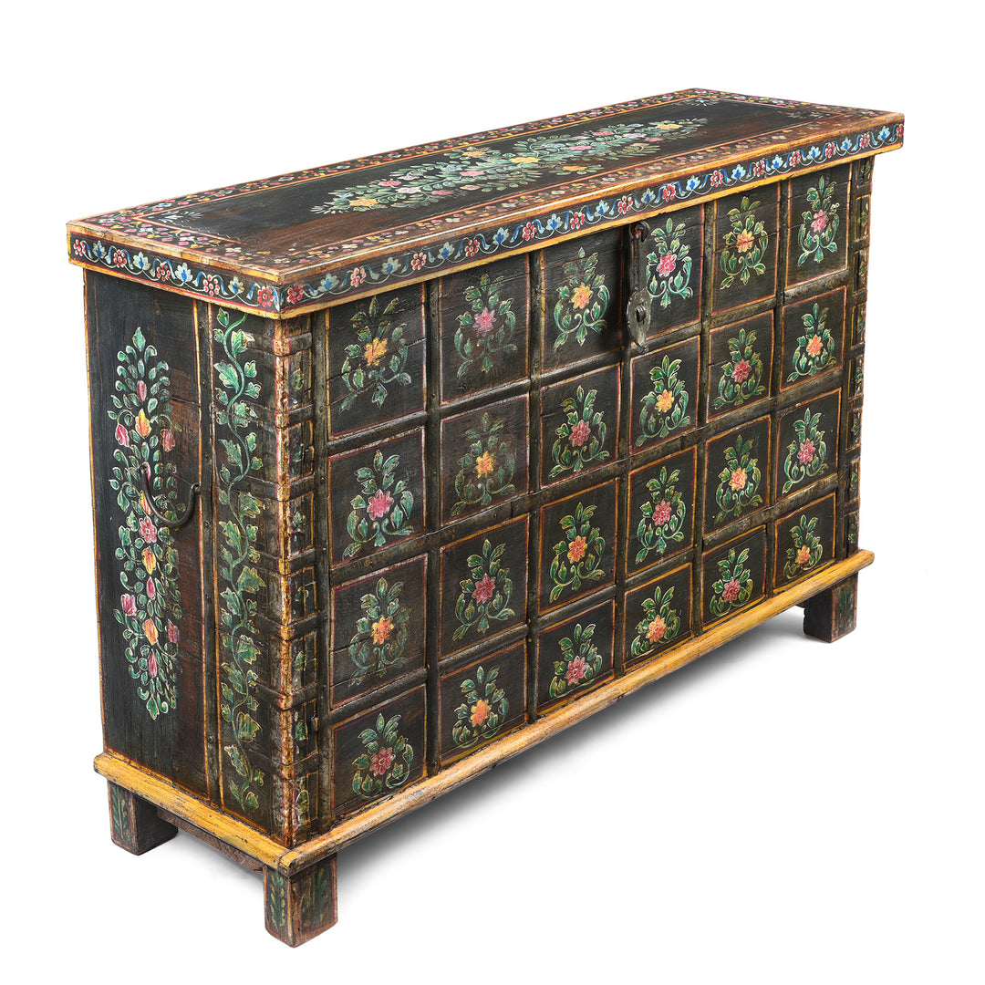 Angled View Of Vintage Painted Pithara Console Chest - With Later Painting | Indigo Antiques