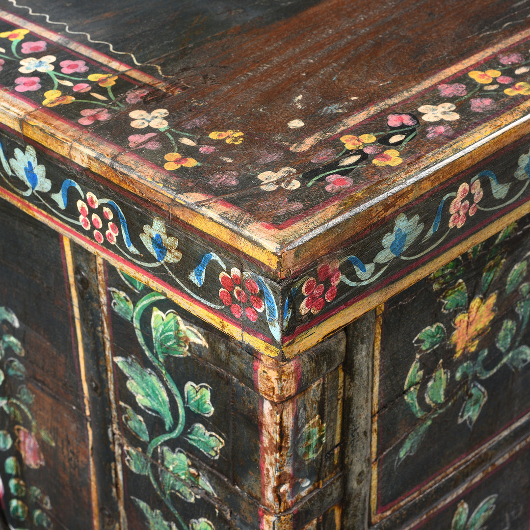 Corner Detail From Vintage Painted Pithara Console Chest - With Later Painting | Indigo Antiques