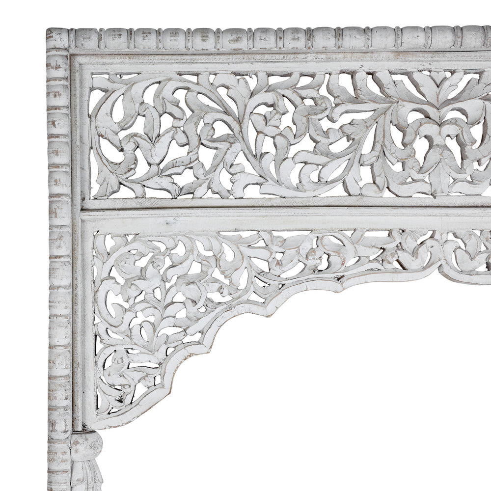 Corner Detail From Modern Mango Wood Indian Archway With Mughal Style Carving And Whitewashed Finish