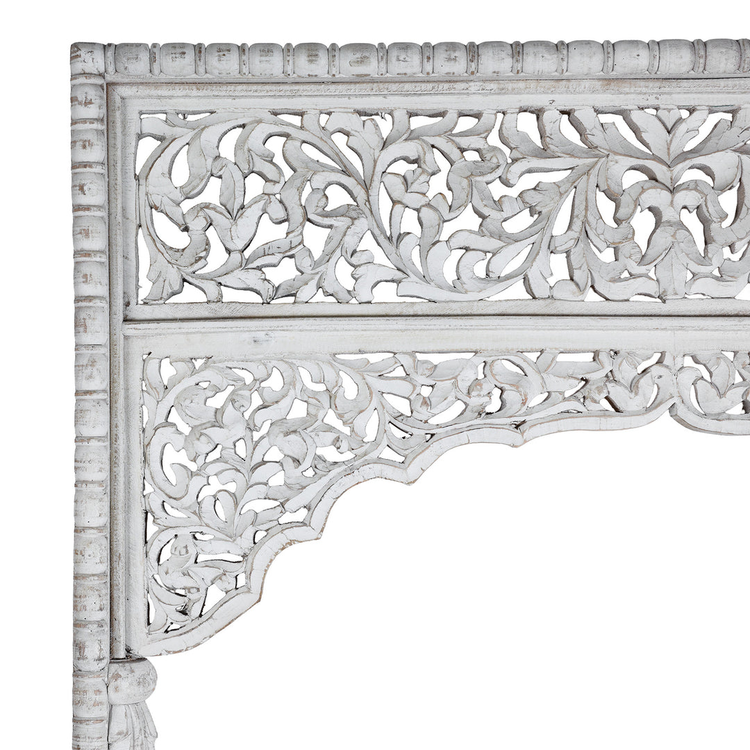 Corner Detail From Modern Mango Wood Indian Archway With Mughal Style Carving And Whitewashed Finish