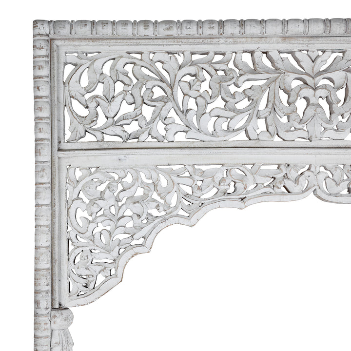 Corner Detail From Modern Mango Wood Indian Archway With Mughal Style Carving And Whitewashed Finish