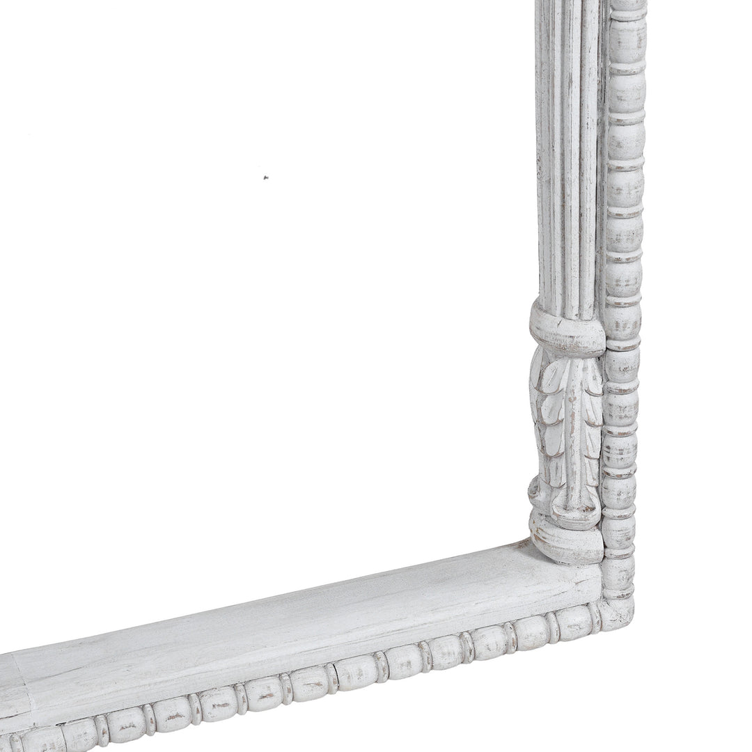 Bottom Corner Detail From Modern Mango Wood Indian Archway With Mughal Style Carving And Whitewashed Finish