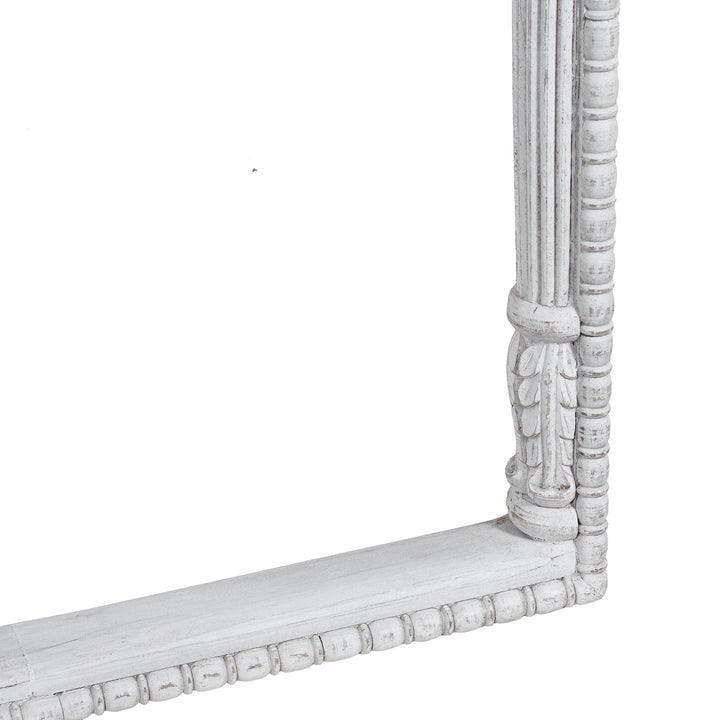 Bottom Corner Detail From Modern Mango Wood Indian Archway With Mughal Style Carving And Whitewashed Finish
