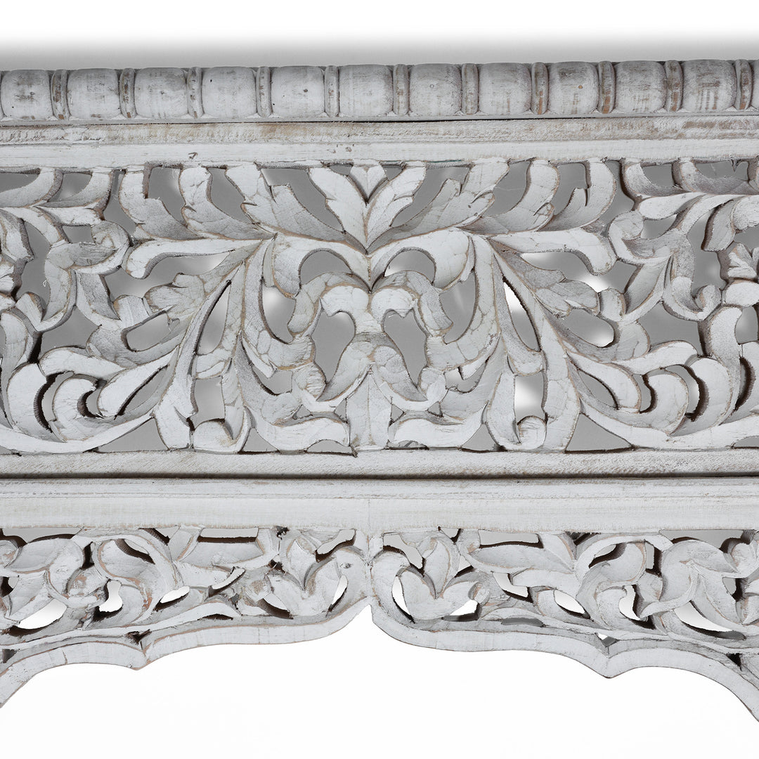 Carving Detail From Modern Mango Wood Indian Archway With Mughal Style Carving And Whitewashed Finish