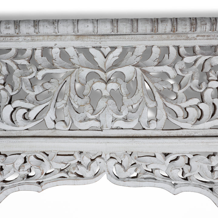 Carving Detail From Modern Mango Wood Indian Archway With Mughal Style Carving And Whitewashed Finish