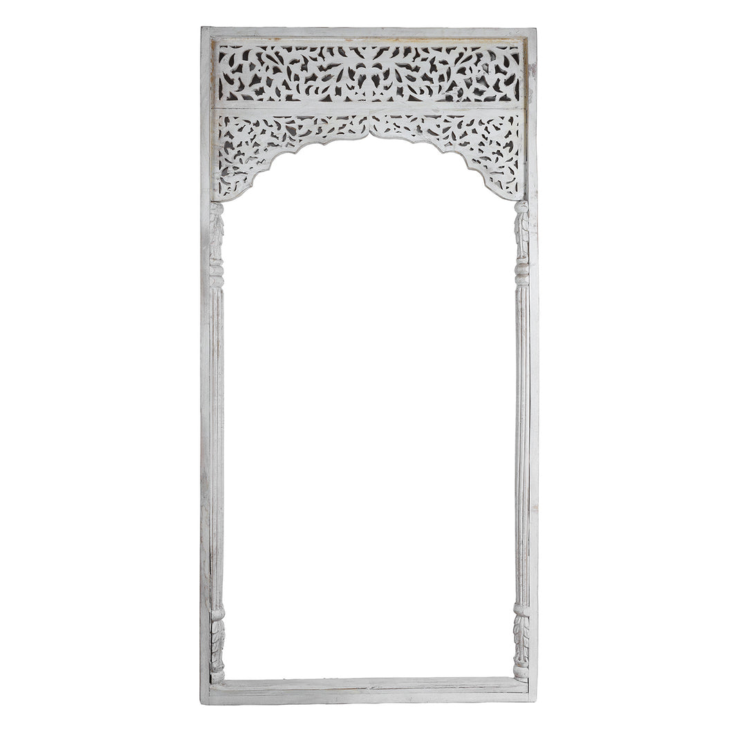 Back Of Modern Mango Wood Indian Archway With Mughal Style Carving And Whitewashed Finish
