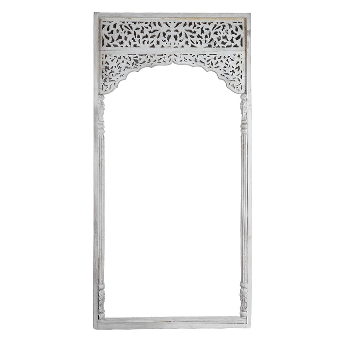Back Of Modern Mango Wood Indian Archway With Mughal Style Carving And Whitewashed Finish