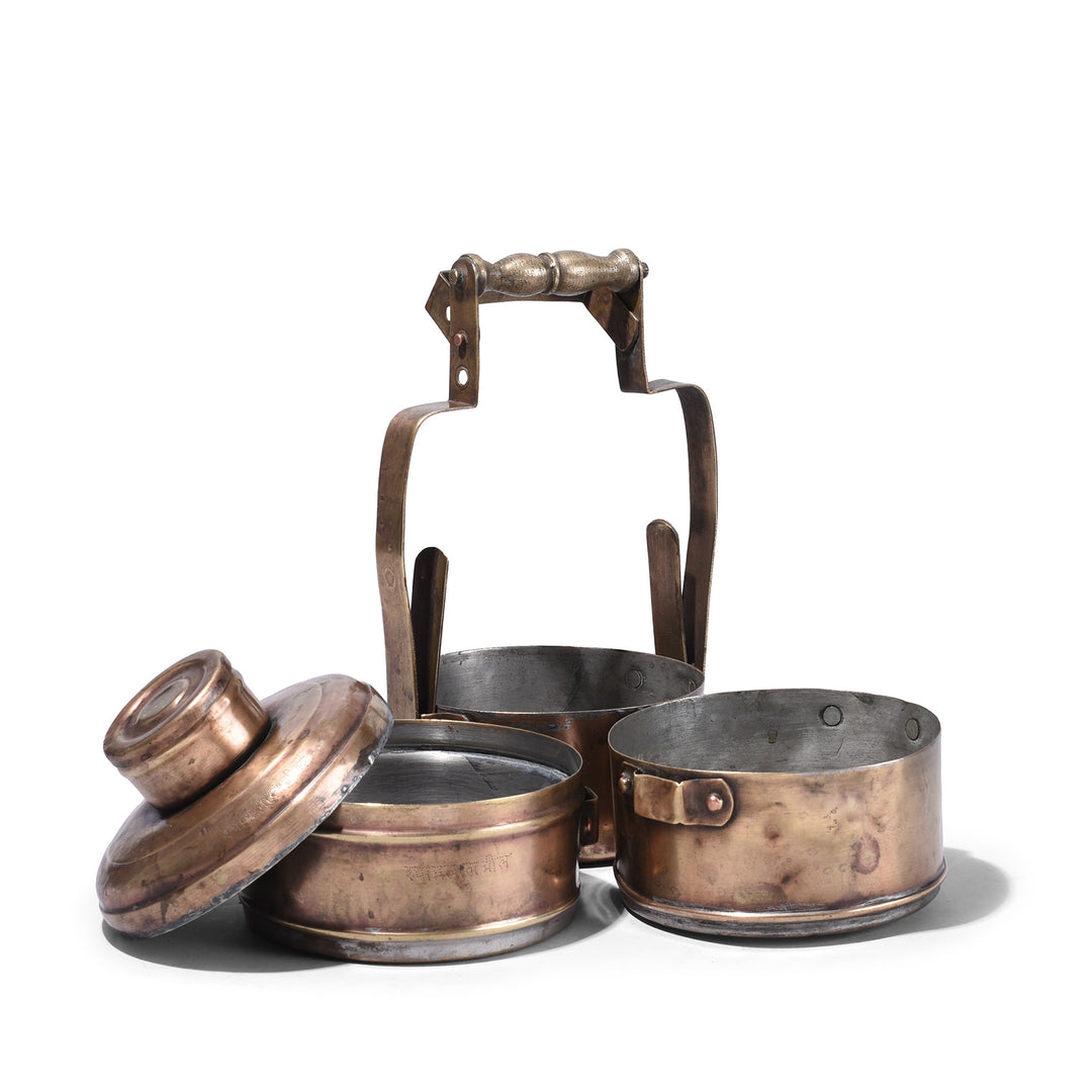 Deconstructed VIew Of Antique Three Tier Brass Indian Tiffin Box Dabba With Handle And Inscriptions Circa 1900