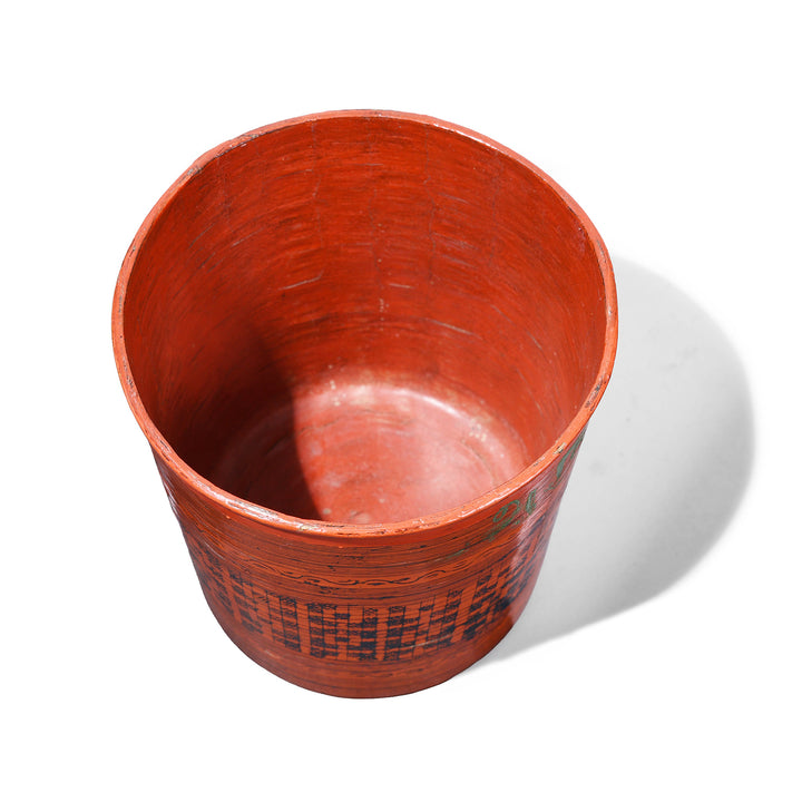 Interior Of Burmese Lacquer Cup With Orange Red Base And Black Geometric Decoration Circa 1930s