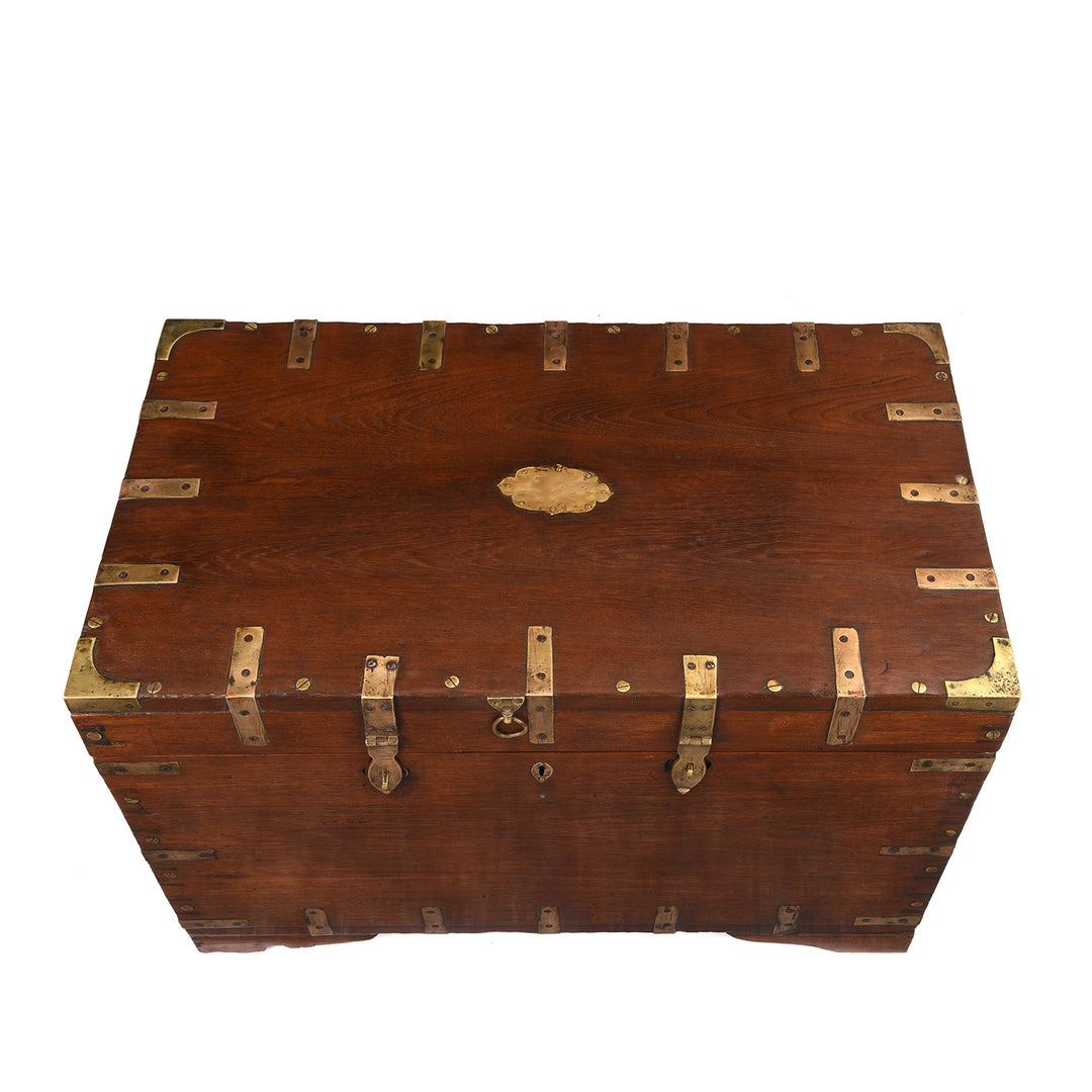 Top Down View Of Antique Brass Bound Teak Military Chest From Burma - 19th Century | Indigo Antiques