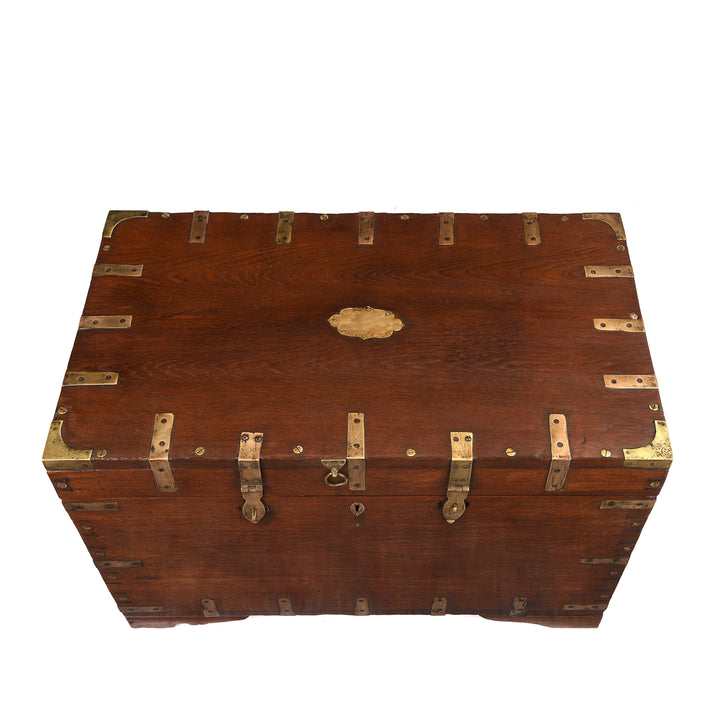 Top Down View Of Antique Brass Bound Teak Military Chest From Burma - 19th Century | Indigo Antiques