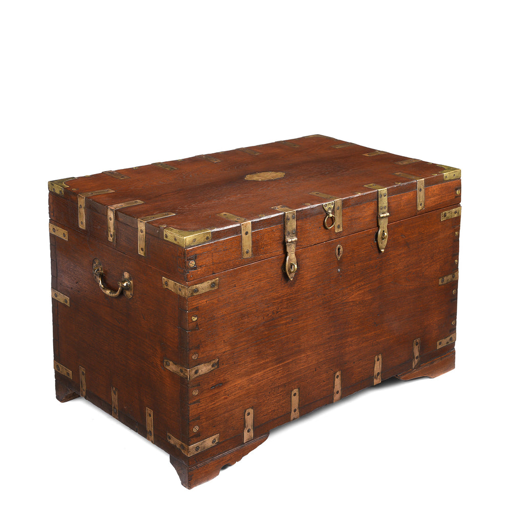 Angled View Of Antique Brass Bound Teak Military Chest From Burma - 19th Century | Indigo Antiques
