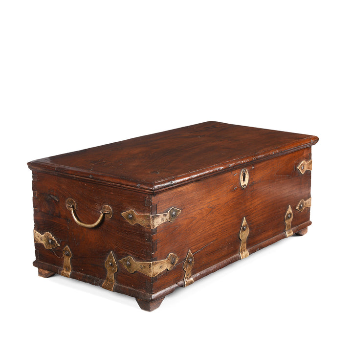 Angled View Of Antique Brass Bound Teak Jewellery Box From Rajasthan | Indigo Antiques