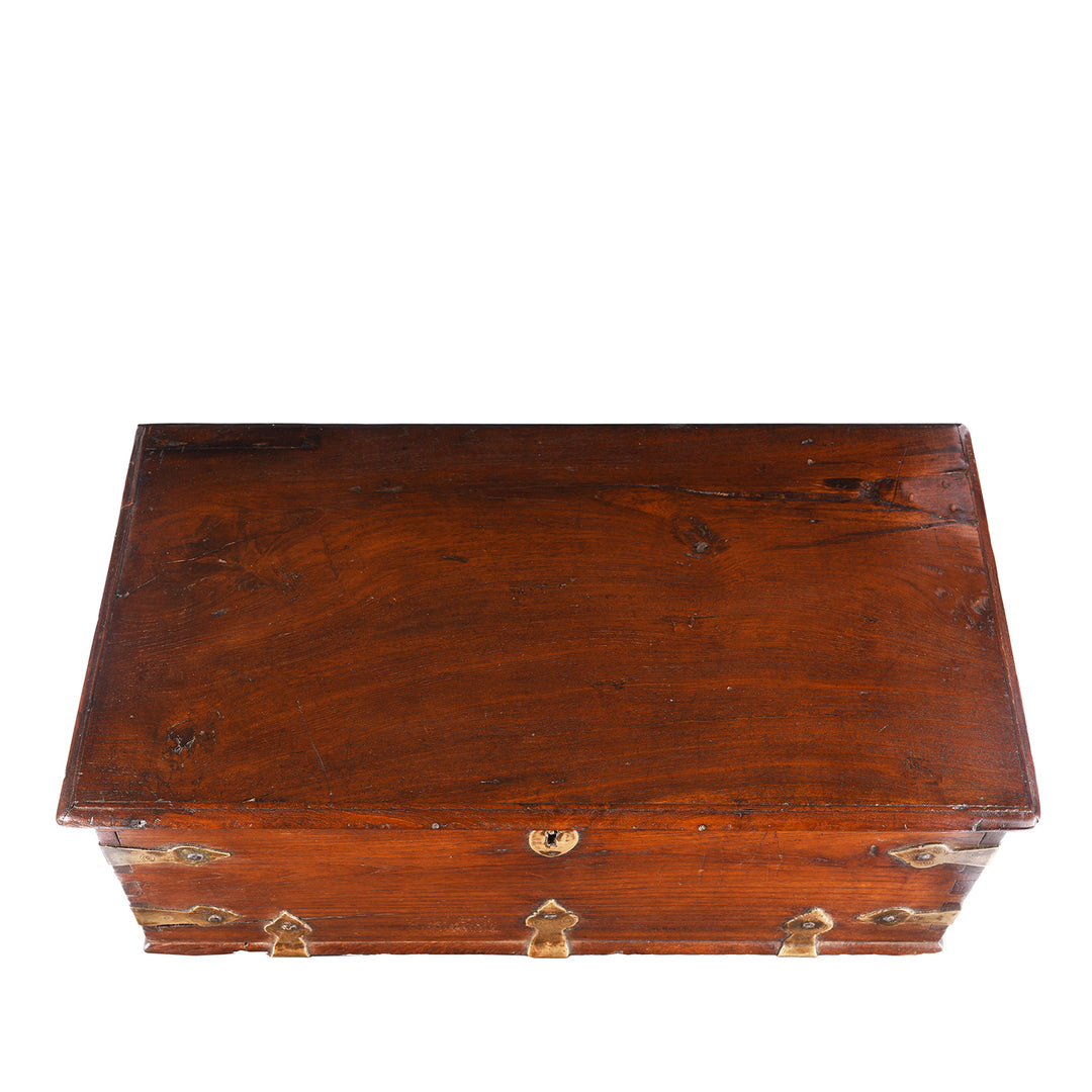 Top Down View Of Antique Brass Bound Teak Jewellery Box From Rajasthan | Indigo Antiques