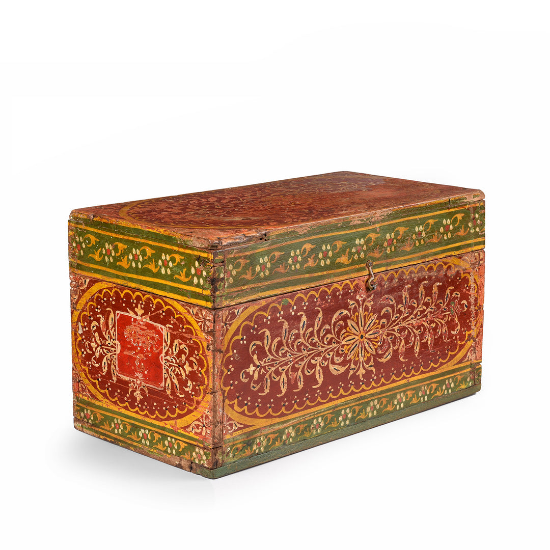 Angled View Of Antique Painted Teak Jain Prayer Book Box From Gujarat - 19th Century | Indigo Antiques