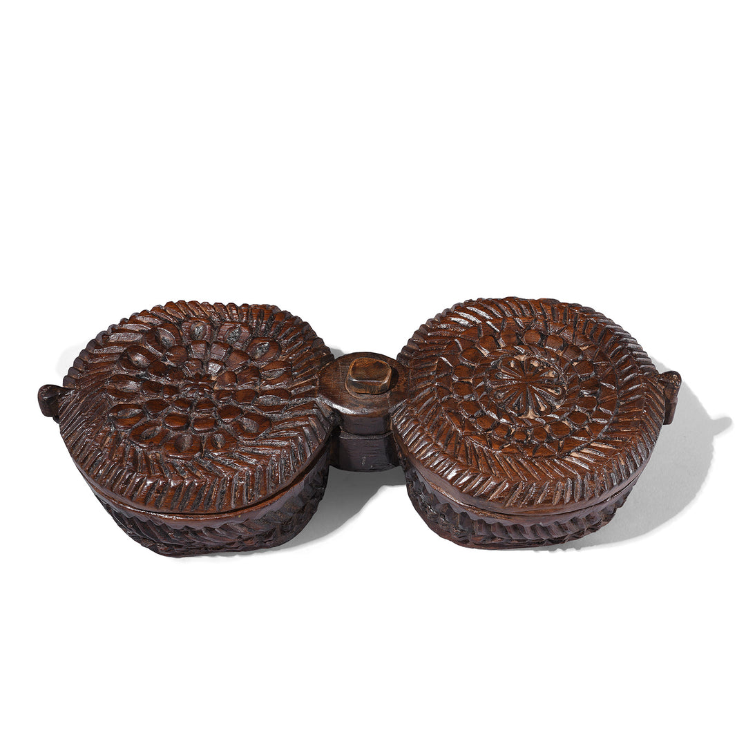 Top Down View Of 19th Century Rajasthani Hand Carved Wooden Masala Spice Box With Swivelling Lid And Two Compartments