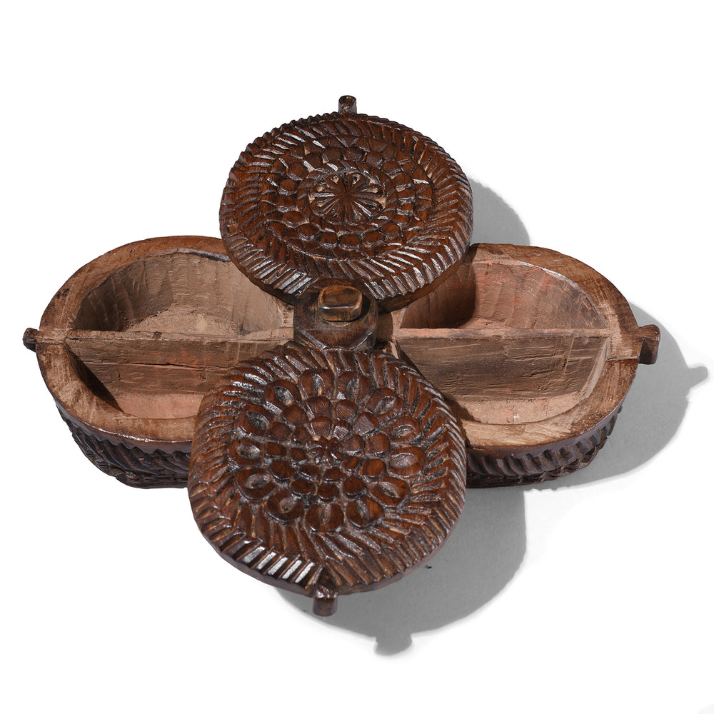 Top Down View Of 19th Century Rajasthani Hand Carved Wooden Masala Spice Box With Swivelling Lid And Two Compartments