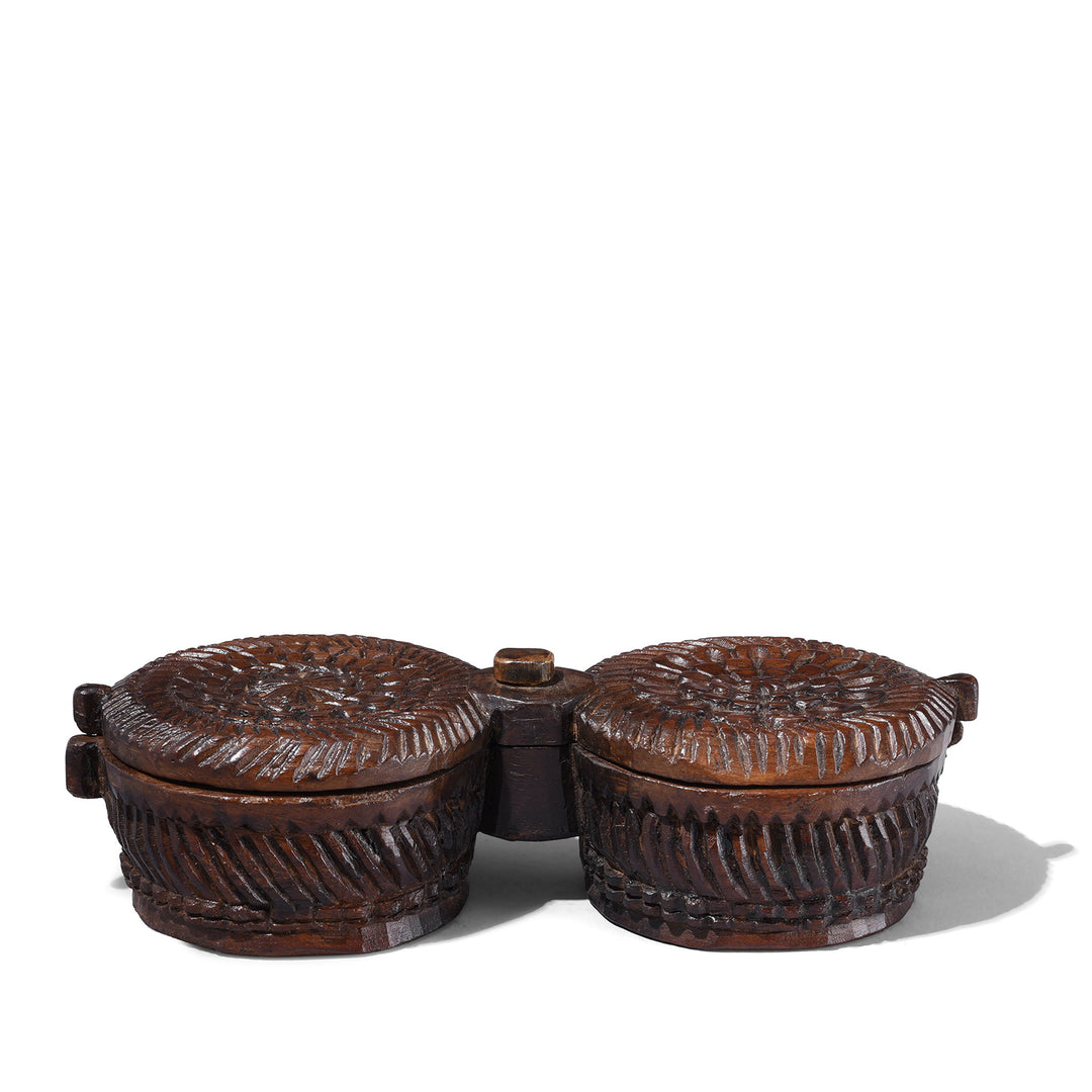 19th Century Rajasthani Hand Carved Wooden Masala Spice Box With Swivelling Lid And Two Compartments
