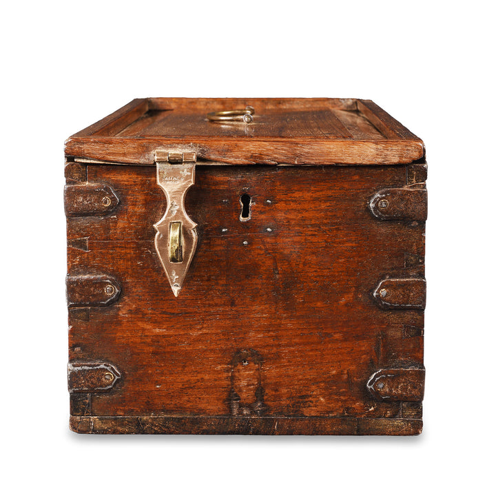 Latch And Keyhole View Of Antique Brass Bound Rosewood Scale Box From Rajasthan | Indigo Antiques