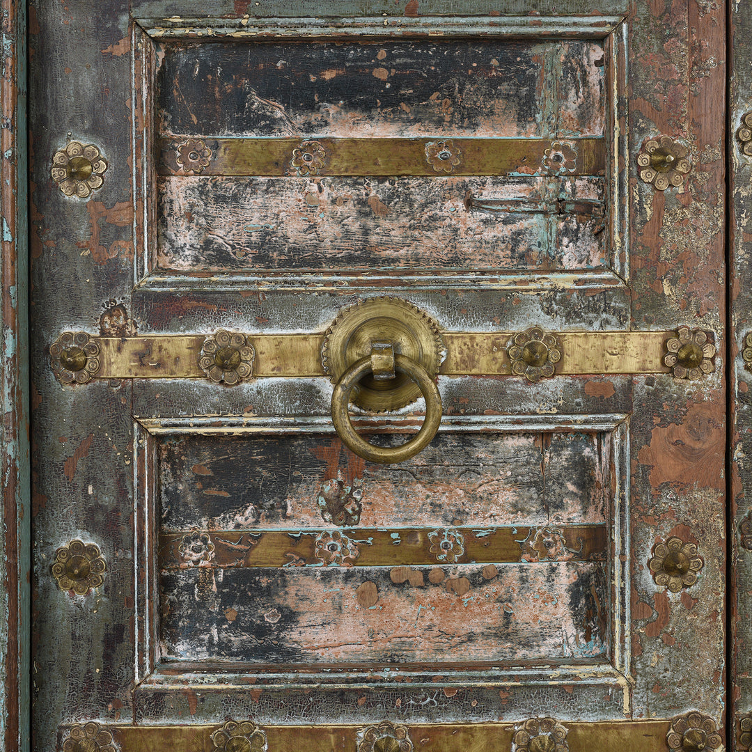 Brass Handle Detail From Antique Brass Studded Door With Original Paint From Kutch - 19th Century | Indigo Antiques