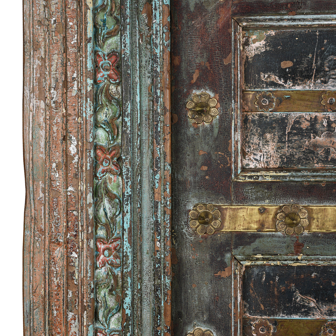 Frame Carving Detail From Antique Brass Studded Door With Original Paint From Kutch - 19th Century | Indigo Antiques