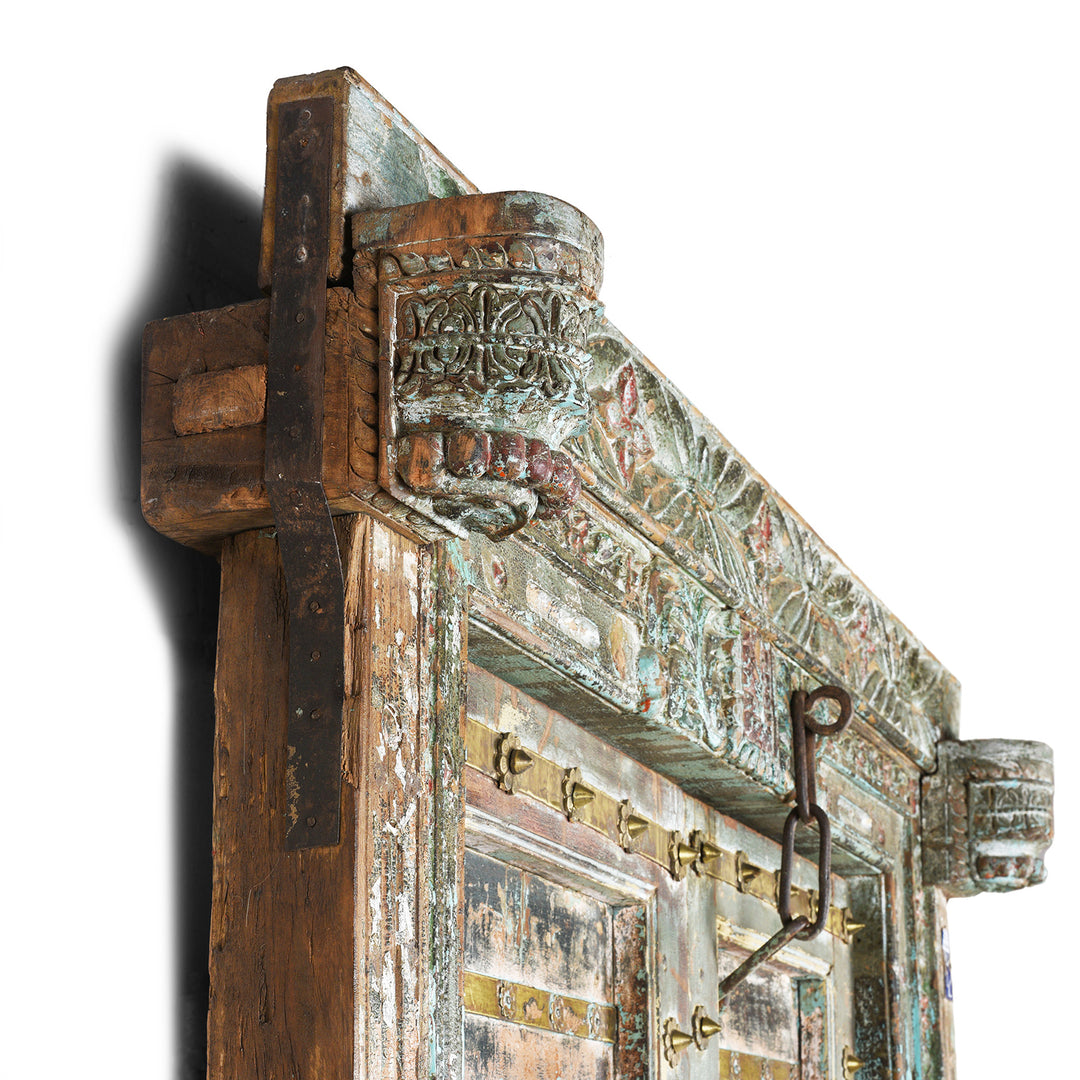 Depth View Of Antique Brass Studded Door With Original Paint From Kutch - 19th Century | Indigo Antiques