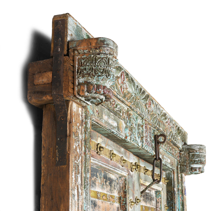 Depth View Of Antique Brass Studded Door With Original Paint From Kutch - 19th Century | Indigo Antiques
