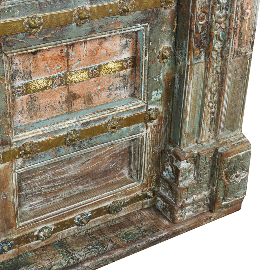 Bottom Corner Detail From Antique Brass Studded Door With Original Paint From Kutch - 19th Century | Indigo Antiques