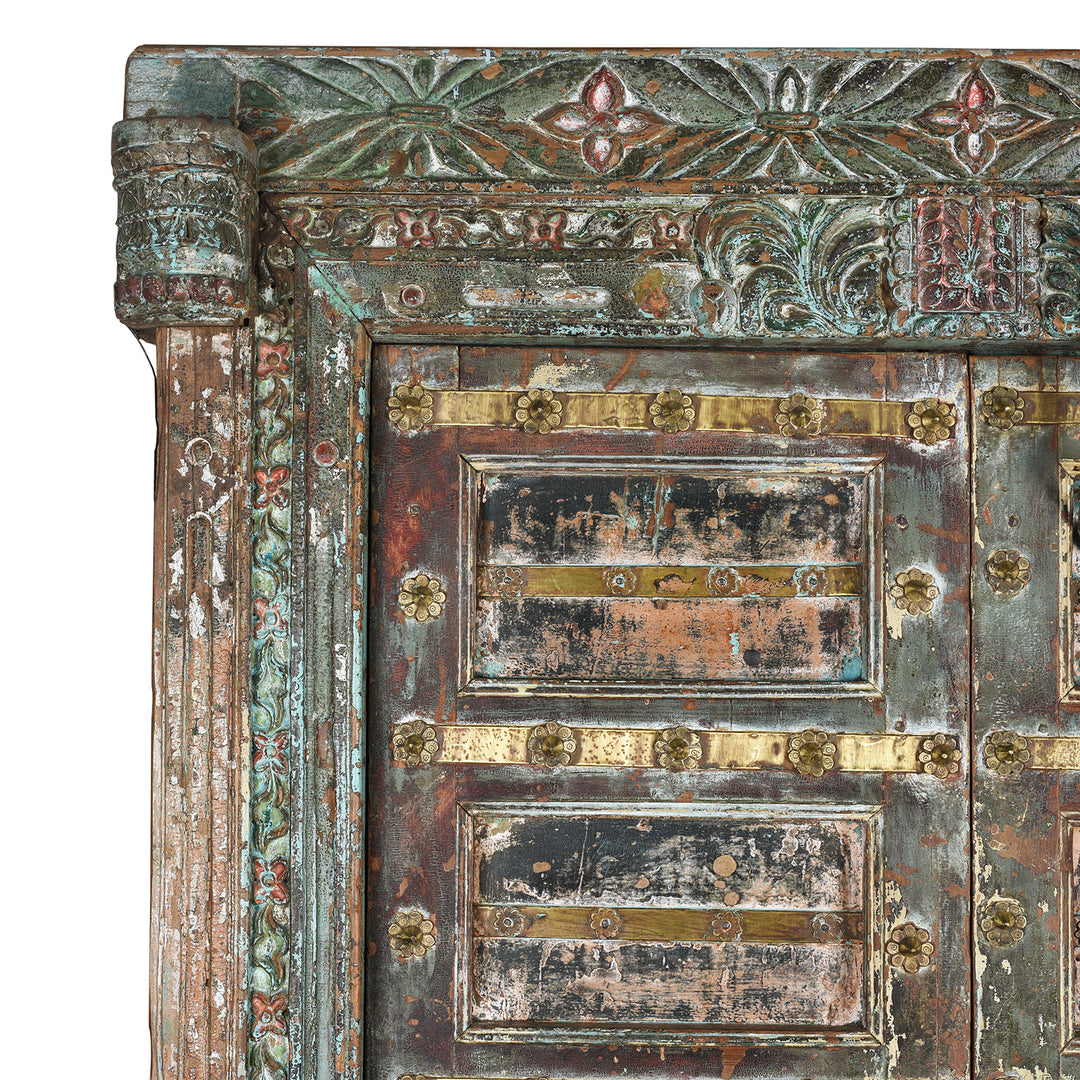 Corner Detail From Antique Brass Studded Door With Original Paint From Kutch - 19th Century | Indigo Antiques