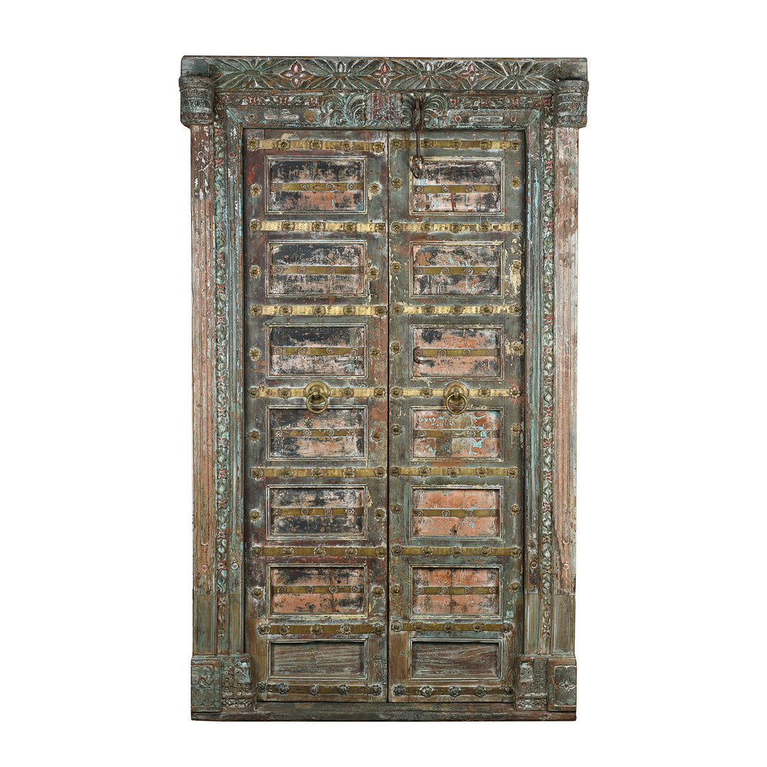 Antique Brass Studded Door With Original Paint From Kutch - 19th Century | Indigo Antiques